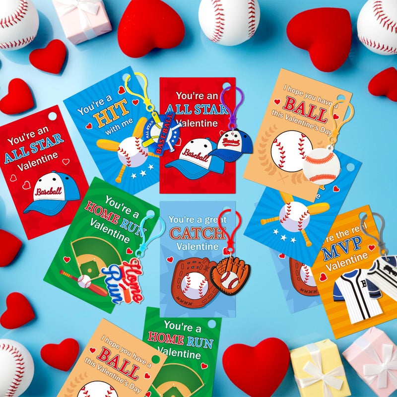 Haooryx Valentine's Day Gift Card with Baseball Keychain - 30 Pack Cute Baseball Keychain with Greeting Card Sport Key Ring for Kid Classroom Exchange Gift Student Reward Sport Game Prizes Party Favor - Image 4