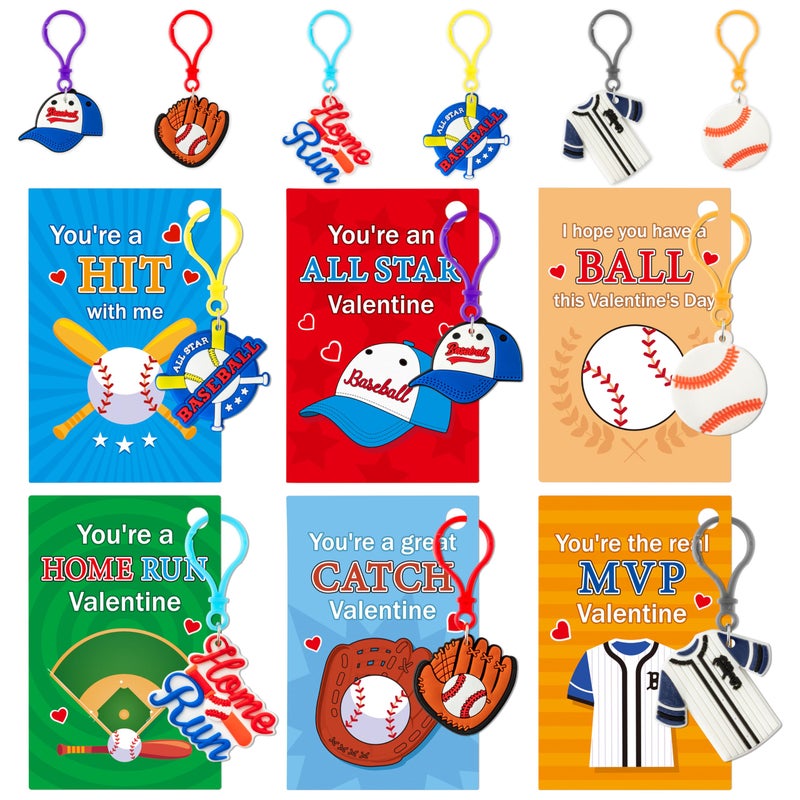 Haooryx Valentine's Day Gift Card with Baseball Keychain - 30 Pack Cute Baseball Keychain with Greeting Card Sport Key Ring for Kid Classroom Exchange Gift Student Reward Sport Game Prizes Party Favor - Image 1