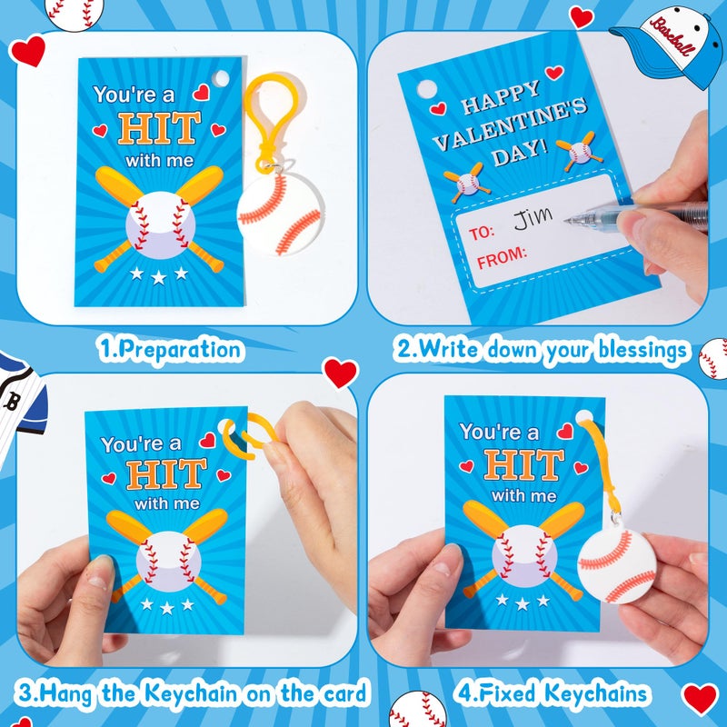 Haooryx Valentine's Day Gift Card with Baseball Keychain - 30 Pack Cute Baseball Keychain with Greeting Card Sport Key Ring for Kid Classroom Exchange Gift Student Reward Sport Game Prizes Party Favor - Image 3