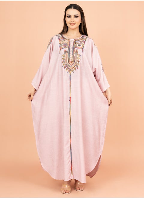 FreeSize Solid Jalabiya with Intricate Embroidery IK4005 Pink