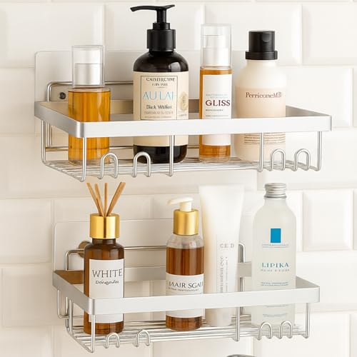 YUMUN Self Adhesive Bathroom Organiser Without Drill (Pack of 2) | Stainless Steel Bathroom Shelf Rack with Hooks | Waterproof Rust Proof Wall Mounted Storage for Bathroom Kitchen - Image 1