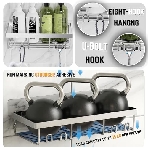 YUMUN Self Adhesive Bathroom Organiser Without Drill (Pack of 2) | Stainless Steel Bathroom Shelf Rack with Hooks | Waterproof Rust Proof Wall Mounted Storage for Bathroom Kitchen - Image 2