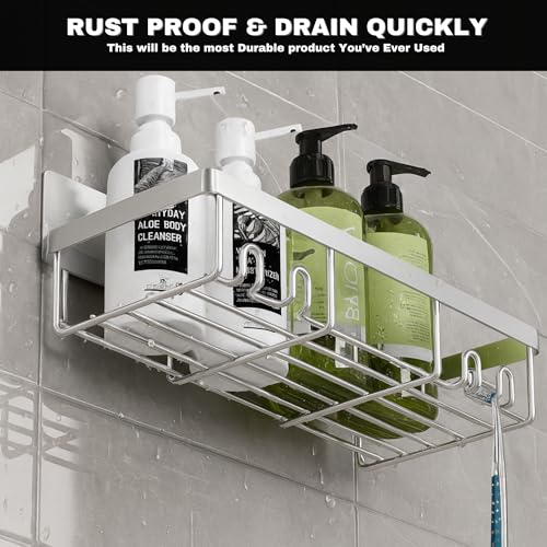 YUMUN Self Adhesive Bathroom Organiser Without Drill (Pack of 2) | Stainless Steel Bathroom Shelf Rack with Hooks | Waterproof Rust Proof Wall Mounted Storage for Bathroom Kitchen - Image 5