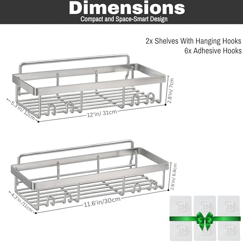 YUMUN Self Adhesive Bathroom Organiser Without Drill (Pack of 2) | Stainless Steel Bathroom Shelf Rack with Hooks | Waterproof Rust Proof Wall Mounted Storage for Bathroom Kitchen - Image 4