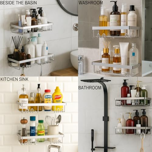 YUMUN Self Adhesive Bathroom Organiser Without Drill (Pack of 2) | Stainless Steel Bathroom Shelf Rack with Hooks | Waterproof Rust Proof Wall Mounted Storage for Bathroom Kitchen - Image 3