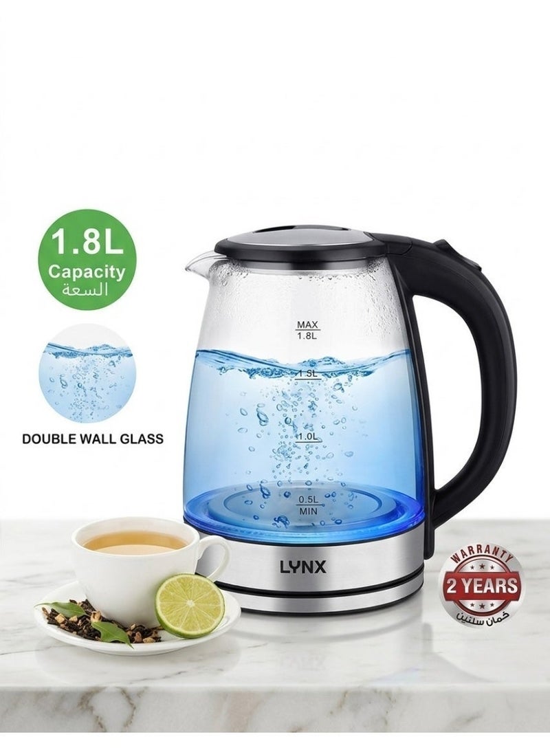 LYNX Electric Kettle, 1.8L Double Glass Wall Stainless Steel, 1500W Fast Boiling Water Heater, Tea Coffee Maker KT-2108, Auto Shut Off, Boil Dry Protection, 360 Rotating Base, Cordless - Image 3