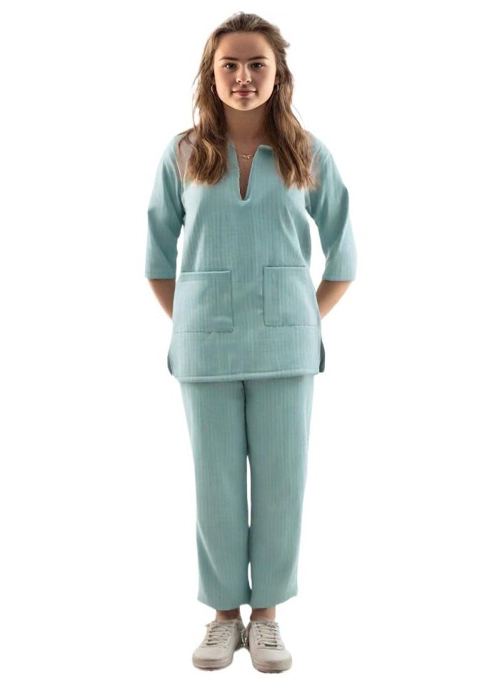 Dee's Fashion Women's Two-Piece Maid Uniform Set, 3/4 Sleeve Tunic with Collar, Maid and Nanny Dress Set With Long Pant, Scrub Set  - Image 1
