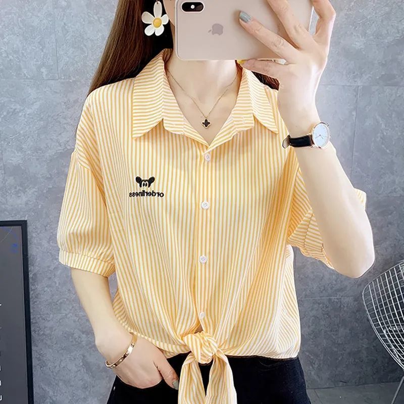 Internet Celebrity Striped Chiffon Sunscreen Clothing 2022 Summer New Short-sleeved Thin Shirt Top Womens Printed Small Shawl Trendy Yellow - Image 4