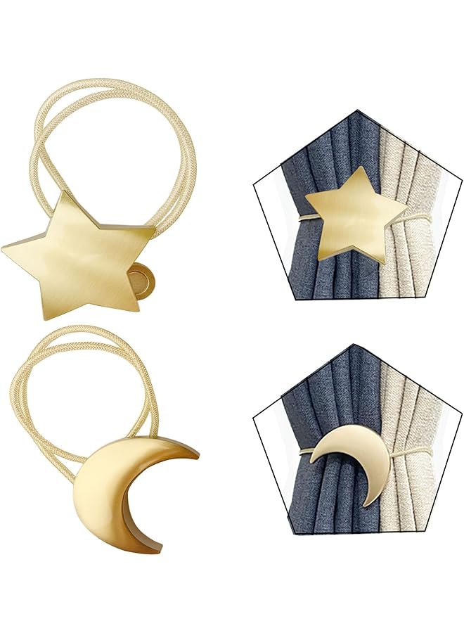 Magnetic Curtain Tiebacks Set of 2 - Gold Moon and Star Shape Decorative Rope Holdbacks for Window Drapes, Bedroom, Home Office