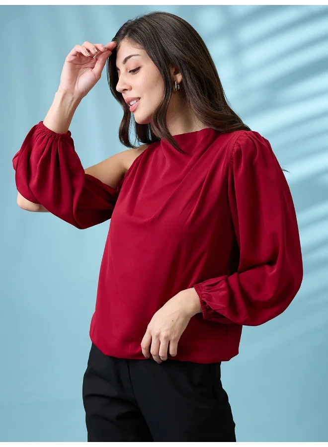 جلو باص Women Cowl Neck Cold Shoulder Bishop Sleeves Solid Pleat Detail Party Top
