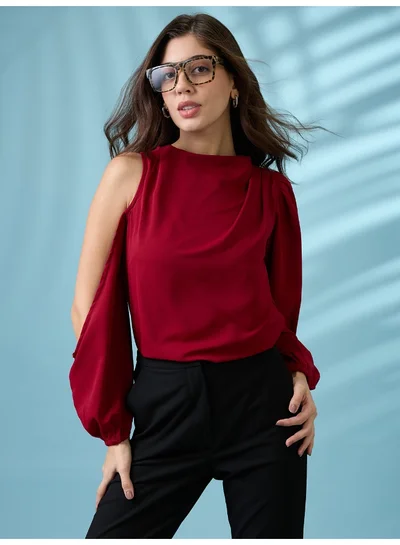 جلو باص Women Cowl Neck Cold Shoulder Bishop Sleeves Solid Pleat Detail Party Top