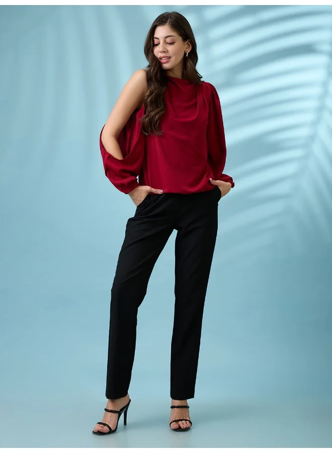 جلو باص Women Cowl Neck Cold Shoulder Bishop Sleeves Solid Pleat Detail Party Top