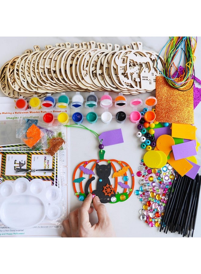 Winlyn 24 Sets Halloween Pumpkin Craft Kits DIY Wooden Pumpkin Ornaments Craft Kits Unfinished Paintable Wood Pumpkin Halloween Crafts for Kids Classroom Activities Art Project Halloween Decorations - Image 3