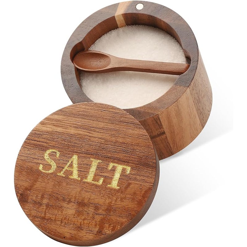 Salt Cellar, Acacia Wood Salt Container with Built-in Spoon u0026 Swivel Lid, Engraved SALT Box, Salt Holder Bowl for Countertop Seasoning Storage - Image 1