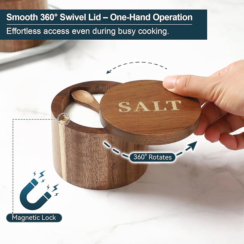 Salt Cellar, Acacia Wood Salt Container with Built-in Spoon u0026 Swivel Lid, Engraved SALT Box, Salt Holder Bowl for Countertop Seasoning Storage - Image 4