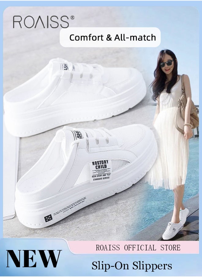 roaiss - Breathable Slip-On Walking Shoes for Women Casual Half Mesh Flats Slippers Comfort Chunky Round Toe Sandals Stylish Versatile Lazy Loafers for Outdoor Beach Vacation - Image 1