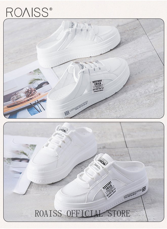 roaiss - Breathable Slip-On Walking Shoes for Women Casual Half Mesh Flats Slippers Comfort Chunky Round Toe Sandals Stylish Versatile Lazy Loafers for Outdoor Beach Vacation - Image 1
