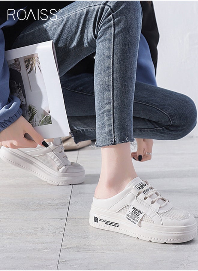 roaiss - Breathable Slip-On Walking Shoes for Women Casual Half Mesh Flats Slippers Comfort Chunky Round Toe Sandals Stylish Versatile Lazy Loafers for Outdoor Beach Vacation - Image 1