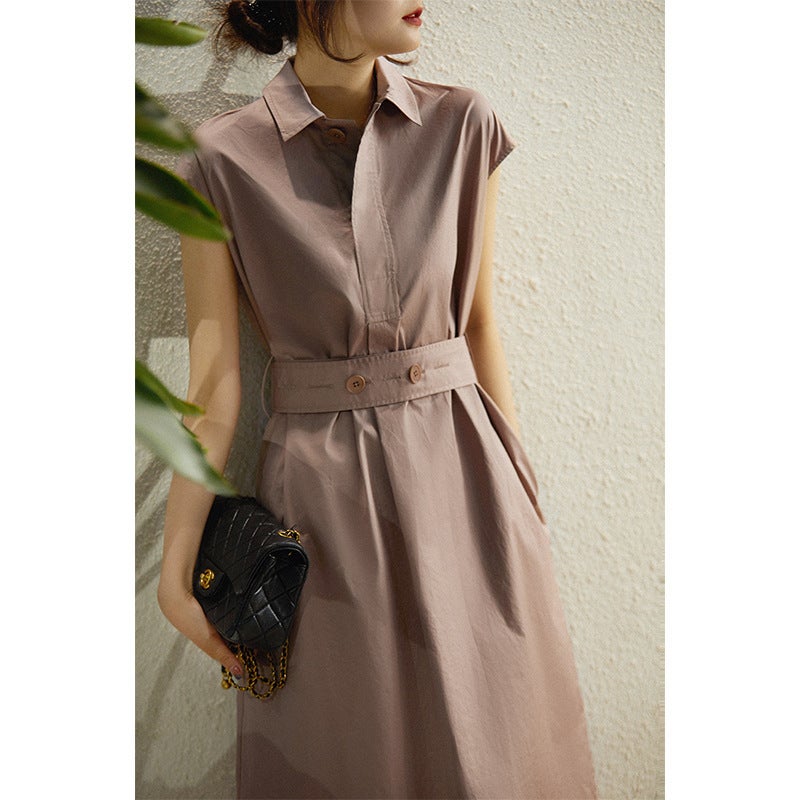 2023 Summer New Low-key Texture Artistic Style Woven Horse Cotton POLO Collar Short-sleeved Belt Slimming Dress Grey leather powder