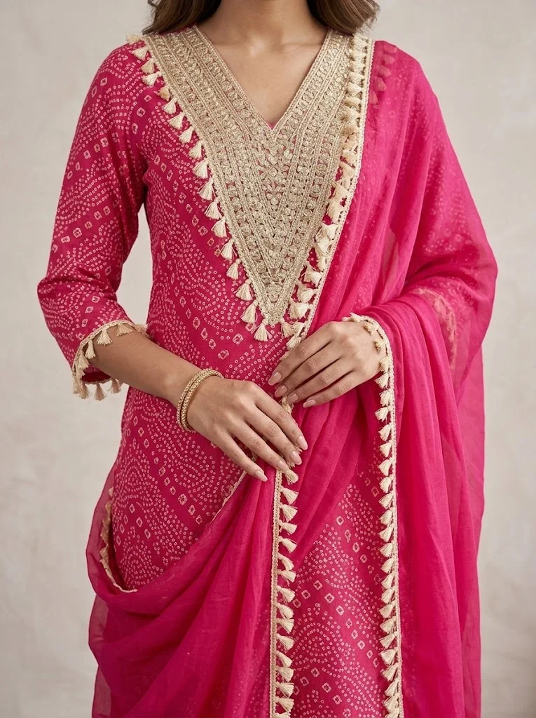 Viny  VINY Pink Bandhani Print Suit Set – Women's Indian Ethnic Wear for Women | Best Price UAE