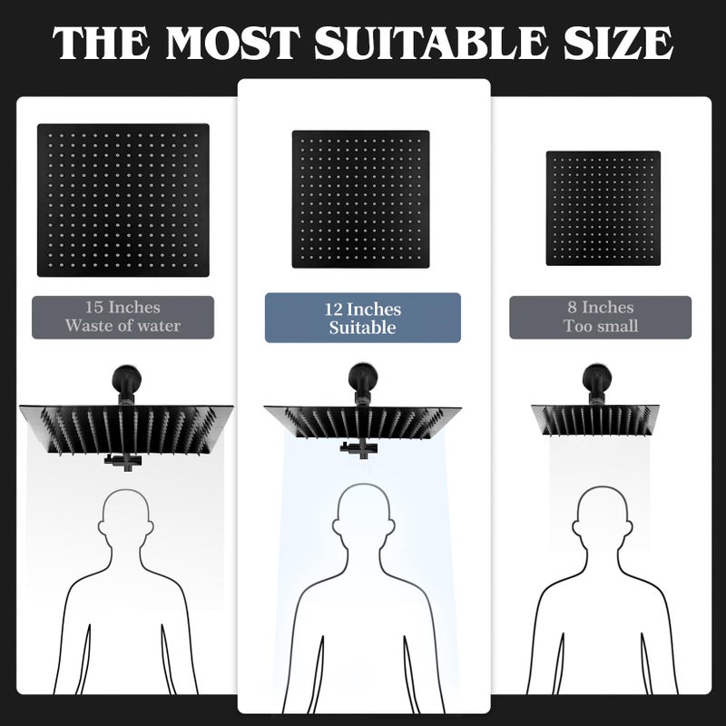 Nottia 12 Inch Shower Head, Rain Shower Head with Adustable Extension Arm, Detachable Matte Black Rina Shower Head with Handheld Spray, High Pressure Shower Hose with Holder in Bathroom(Black) - Image 2