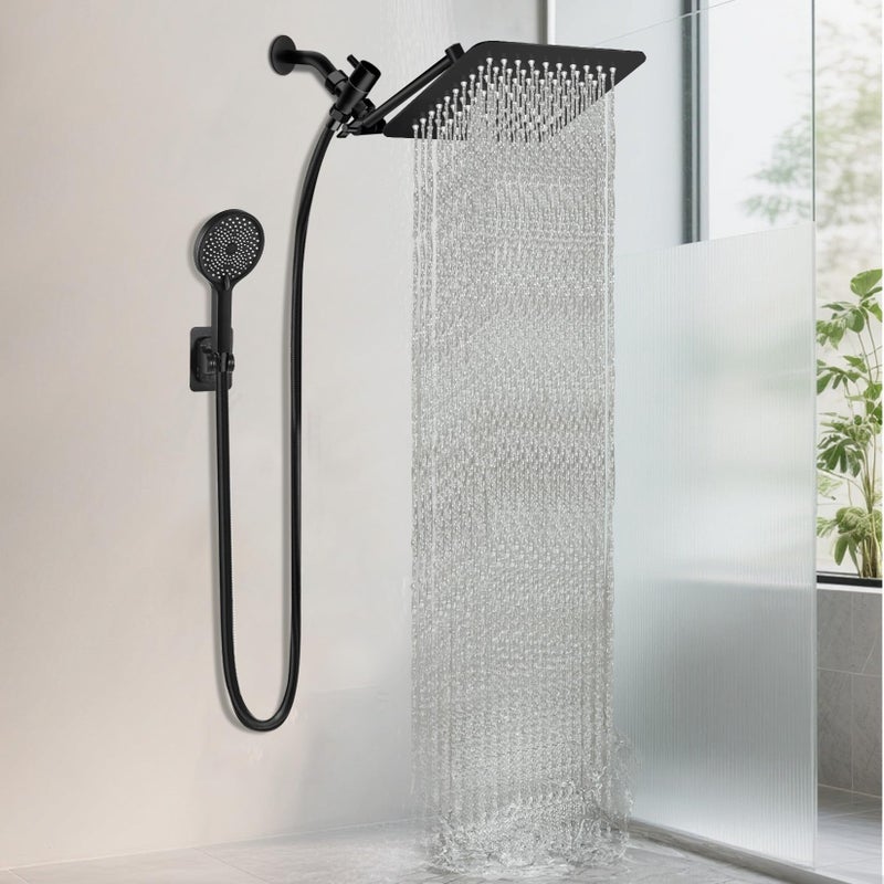 Nottia 12 Inch Shower Head, Rain Shower Head with Adustable Extension Arm, Detachable Matte Black Rina Shower Head with Handheld Spray, High Pressure Shower Hose with Holder in Bathroom(Black) - Image 1