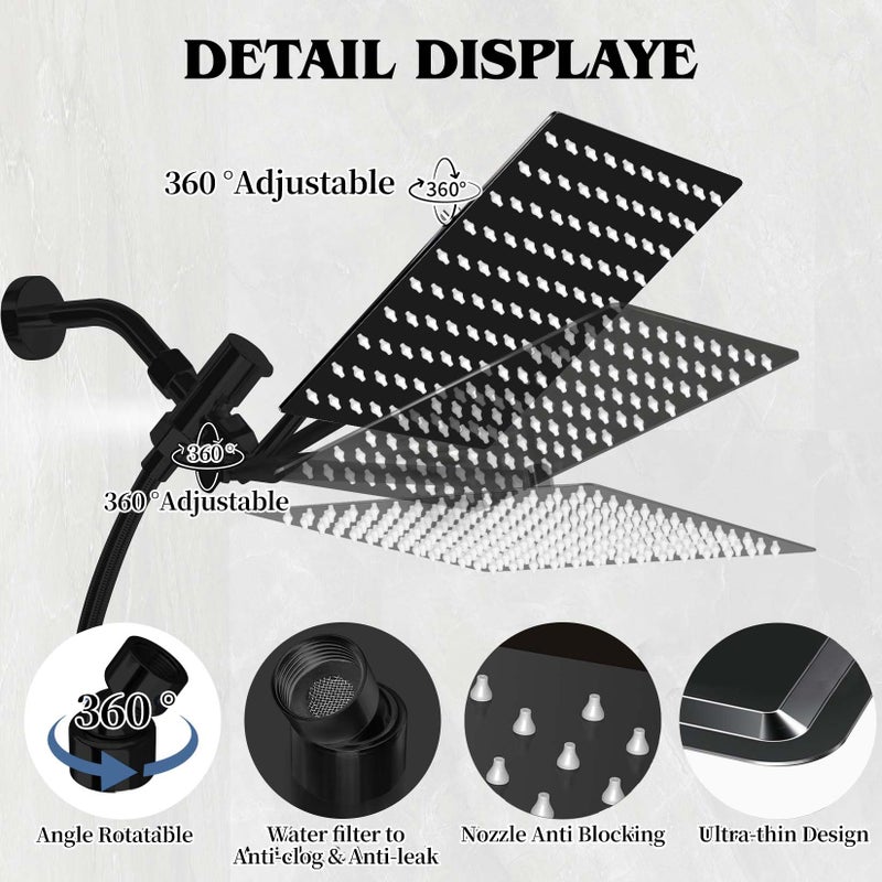 Nottia 12 Inch Shower Head, Rain Shower Head with Adustable Extension Arm, Detachable Matte Black Rina Shower Head with Handheld Spray, High Pressure Shower Hose with Holder in Bathroom(Black) - Image 5