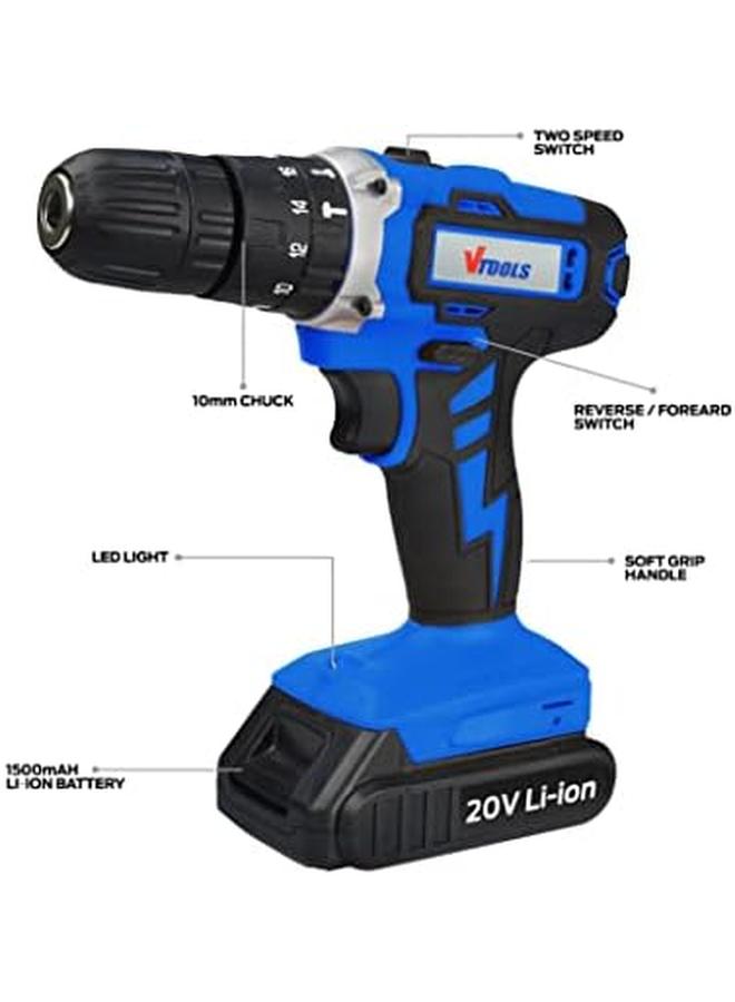 VTOOLS 20V Cordless Impact Drill With 2 Batteries And 1 Fast Charger 2 Variable Speed 10Mm Keyless Chuck 18 Plus 1 Torque Setting Bmc Case Vt1211 - Image 2