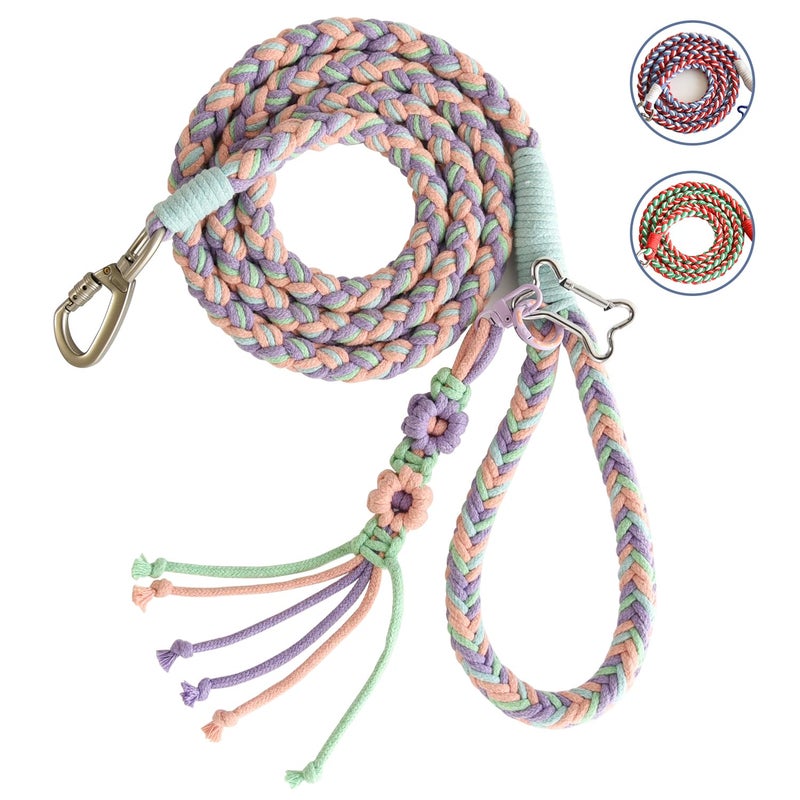 KUDOS Braided Cotton Dog Leash â€“ Locking Buckle & Comfy Grip, Handwoven Rope in Pink Green Purple, 5.2ft Leash with Floral Detail for Small to Large Dogs, Spring Style - Image 1