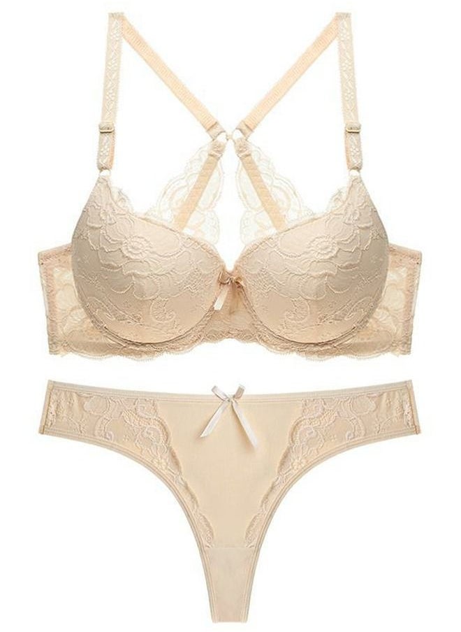 Loquat - Comfy Solid Color Thin Cup Lace Bra Panty Set Women's Underwear Set Beige - Image 1