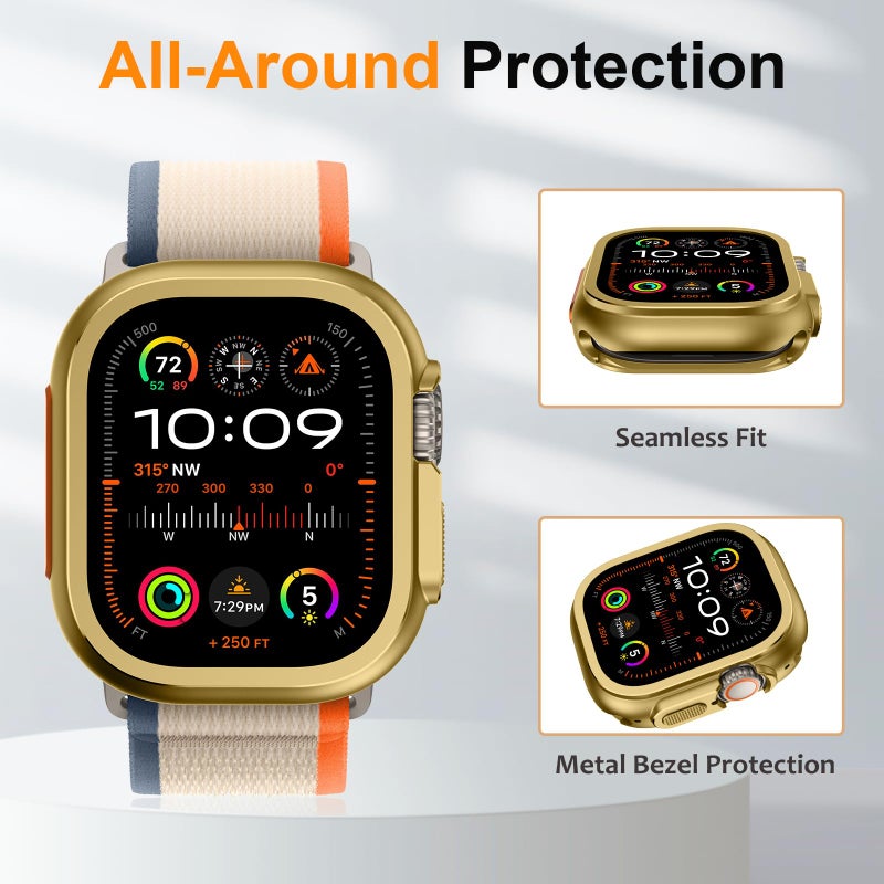 Amizee 2 in 1 Metal Case Compatible with Apple Watch Ultra 3/2/1 49mm with Back Cover, Rugged Shockproof Protective Bumper Cover for iWatch 49mm, Gold - Image 4