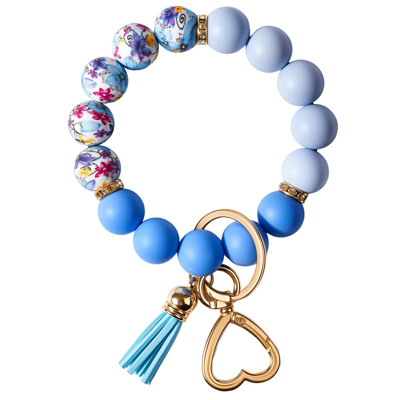Weixiltc Silicone Bead Keychain Wristlet for Women, Charm Bracelet Key Chains, Car Key Rings Holder for Girls (Flower Blue) - Image 1