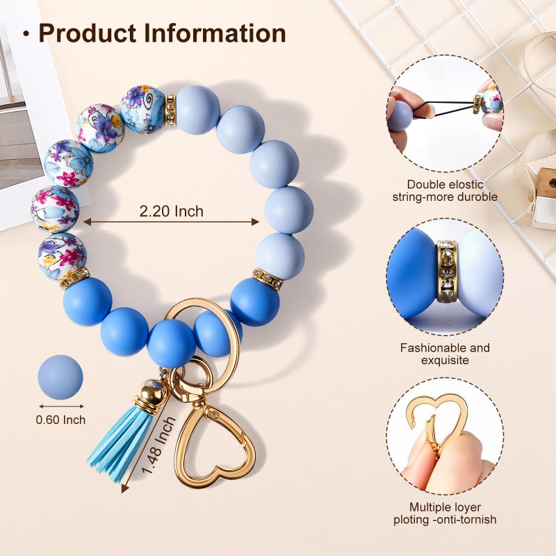 Weixiltc Silicone Bead Keychain Wristlet for Women, Charm Bracelet Key Chains, Car Key Rings Holder for Girls (Flower Blue) - Image 2