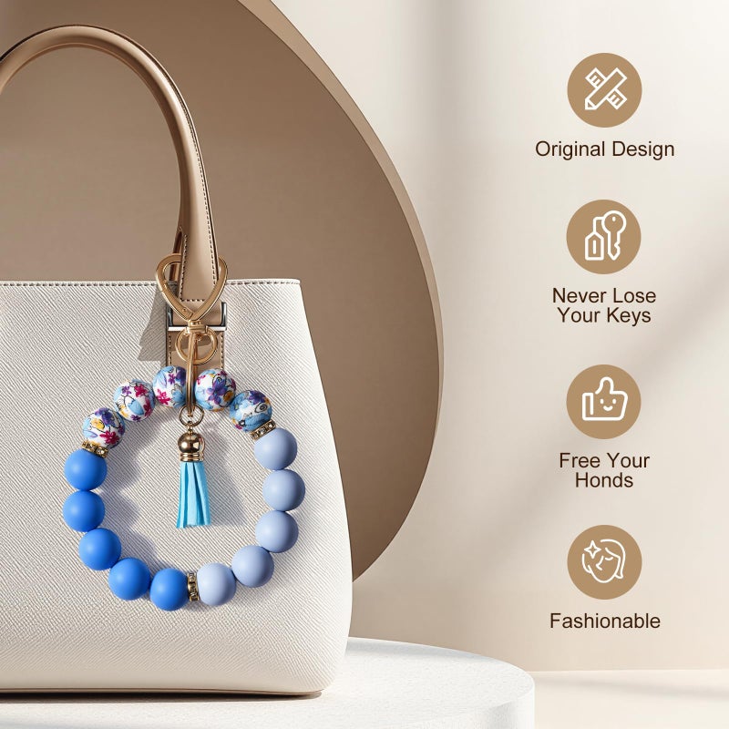 Weixiltc Silicone Bead Keychain Wristlet for Women, Charm Bracelet Key Chains, Car Key Rings Holder for Girls (Flower Blue) - Image 3