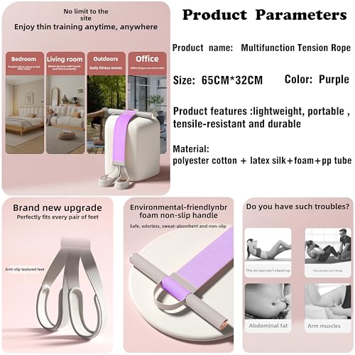 Zooplan 2025 New Yoga Pedal Resistance Fabric Band with Handles Anti-Broken Elastic Sit Up Pull Rope for Strength Training 120lb Full-Body Excercise Band Portable Unisex Resistance Exercise Bands (Purple) - Image 4