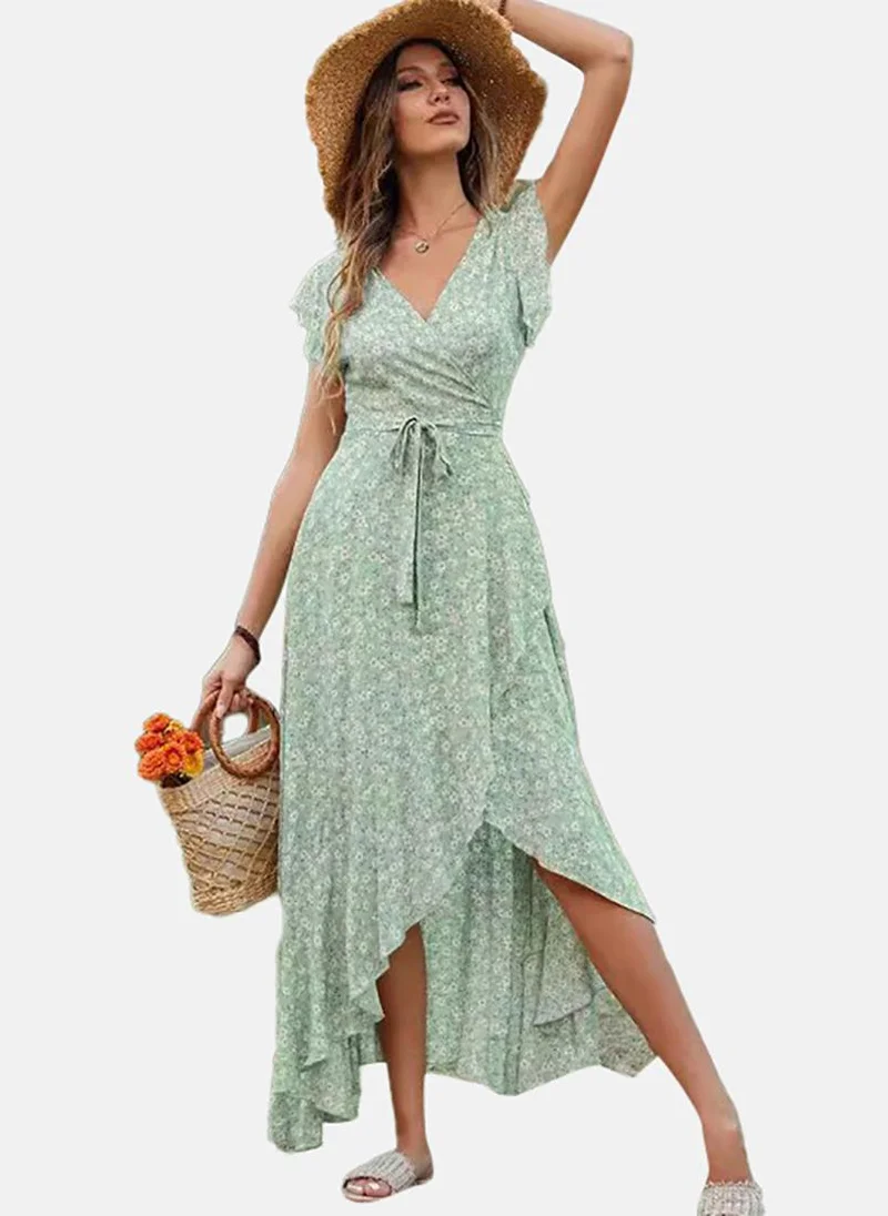 يونيكي Green Print Flutter Sleeve Wrap Dress