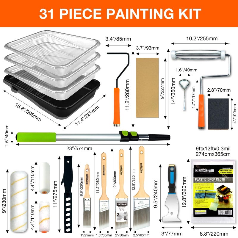 KingOrigin King Origin 31 Pcs Paint Roller Kit, 9" & 4" Paint Roller Extension Pole, Paint Brushes, Paint Tray & Liners | Paint Kit for House Painting Walls | Painting Supplies - Image 2