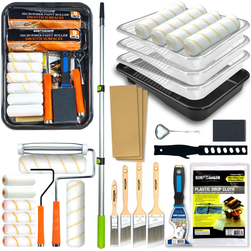KingOrigin King Origin 31 Pcs Paint Roller Kit, 9" & 4" Paint Roller Extension Pole, Paint Brushes, Paint Tray & Liners | Paint Kit for House Painting Walls | Painting Supplies - Image 1
