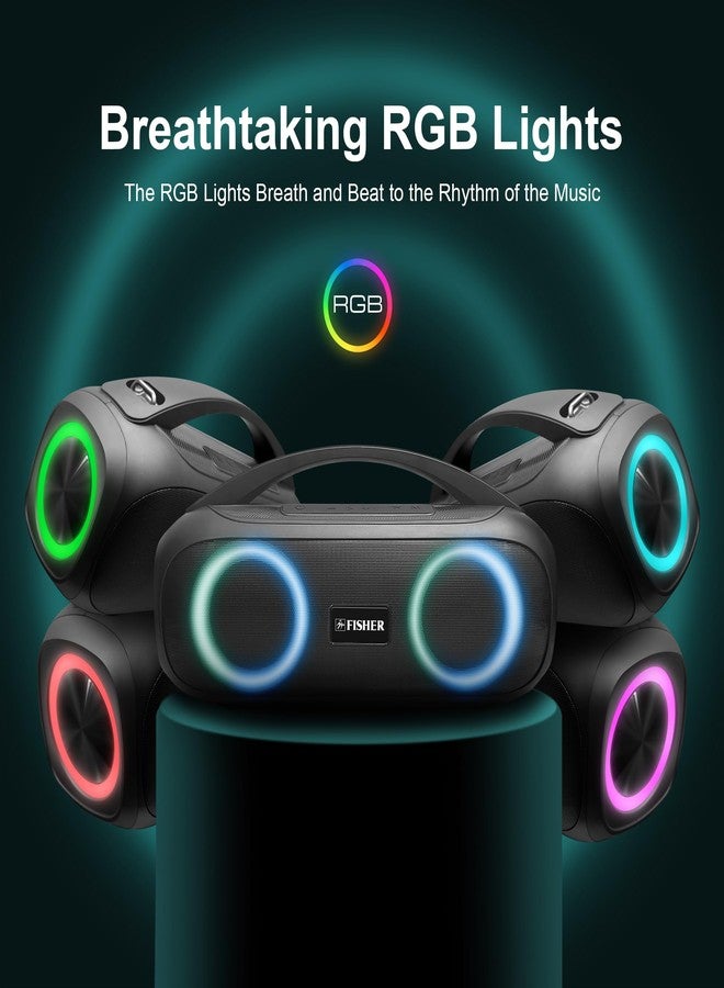Fisher Portable Bluetooth Speaker IPX5 Water Resistent Speaker, 60W Peak Power Bluetooth Stereo Boombox HD Sound, 3H Playtime, LED Lights, TWS, BT5.3, FM Radio, AUX, Wireless Electronic Home Outdoor - Image 3