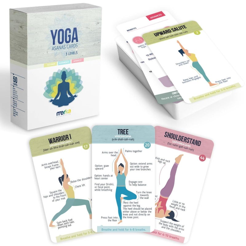 merka Yoga Cards, 50 Yoga Deck Flashcards with Asana Poses for Class Sequencing and Practice, Sanskrit and Cues for Beginners, Teachers, Women Workout Fitness Ideal Gift - Image 1