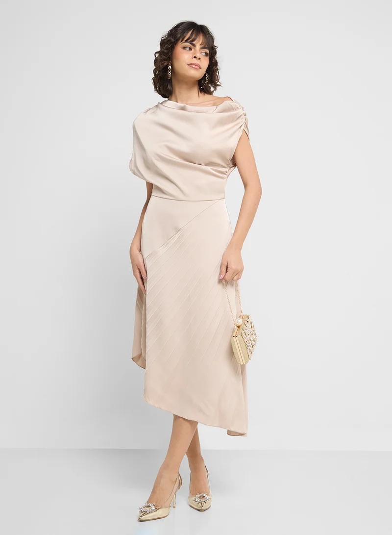 ELLA Slant Shoulder Drapped Dress With Pleats