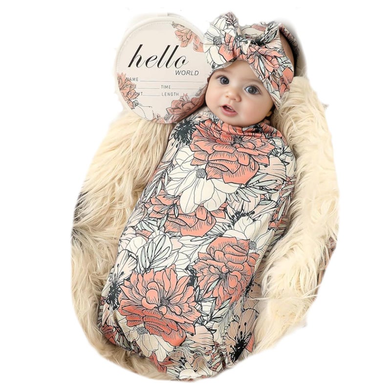 Galabloomer Newborn Receiving Blanket Headband Set Baby Flower Swaddle (cocal Almond) - Image 1