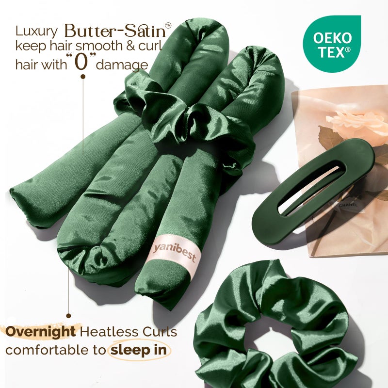 Yanibest Satin Heatless Curler Set  Overnight Hair Curler to Sleep in  No Heat Heatless Curl with Scrunchies and Clip Green - Image 2