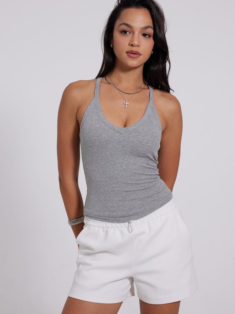 Danysu V Neck Racerback Tank Top for Women with Built in Bra Ribbed Long Tank Fitted Basic Cami Tops Heather Grey M - Image 2