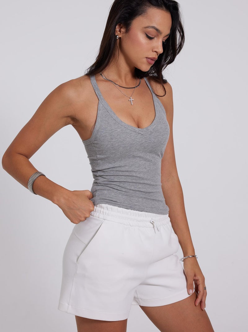 Danysu V Neck Racerback Tank Top for Women with Built in Bra Ribbed Long Tank Fitted Basic Cami Tops Heather Grey M - Image 3