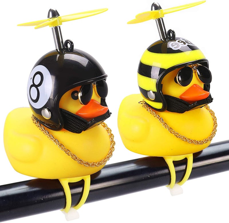wonuu Rubber Duck Car Ornaments, 2Pcs Yellow Duck Car Dashboard Decorations Squeeze Duck Bicycle Horns with Propeller Helmet - Image 1
