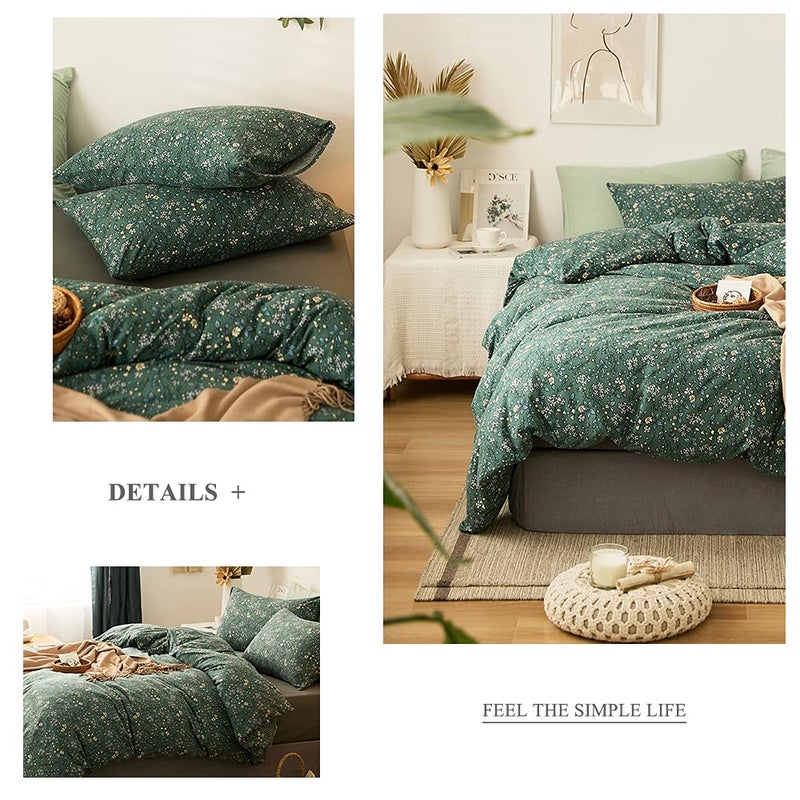 EAVD EAVD Premium Soft 100% Jersey Knit Cotton Duvet Cover Green Floral Duvet Cover Queen Vintage Style Botanical Bedding Set for children,teens,boys,girls, women&men Chic Shabby Reversible Comforter Set  - Image 2
