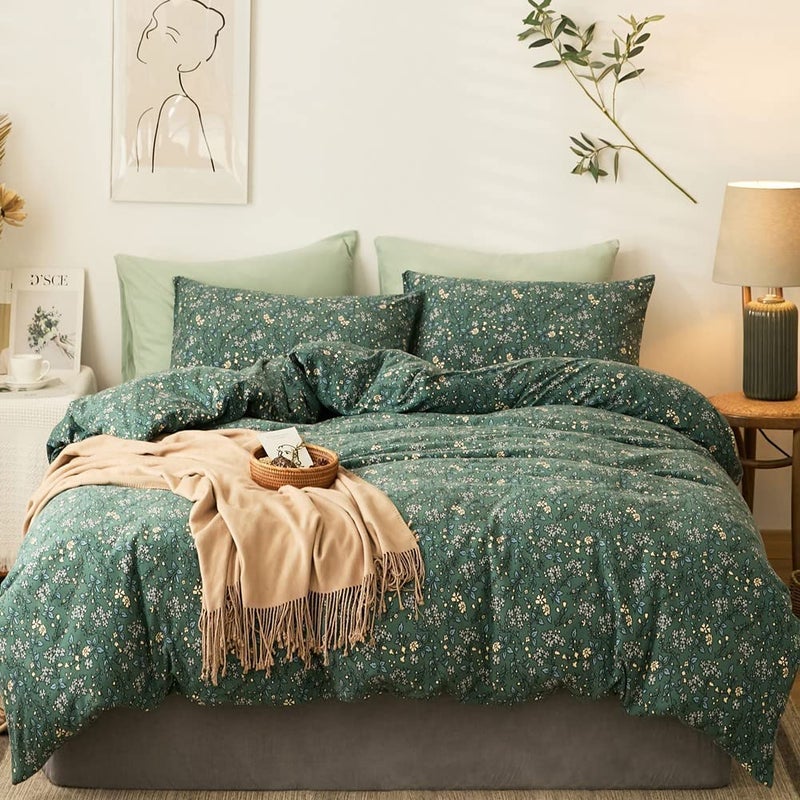EAVD EAVD Premium Soft 100% Jersey Knit Cotton Duvet Cover Green Floral Duvet Cover Queen Vintage Style Botanical Bedding Set for children,teens,boys,girls, women&men Chic Shabby Reversible Comforter Set  - Image 1