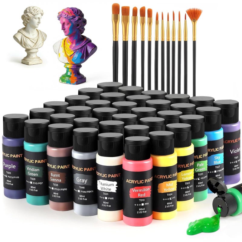 TMOL Acrylic Paint Set with 12 Art Brushes, 36 Colors (2 oz/Bottle) Acrylic Paint for Painting Canvas, Wood, Ceramic and Fabric, Paint Set for Beginners, Students and Professional Artist, Rich Pigments - Image 1