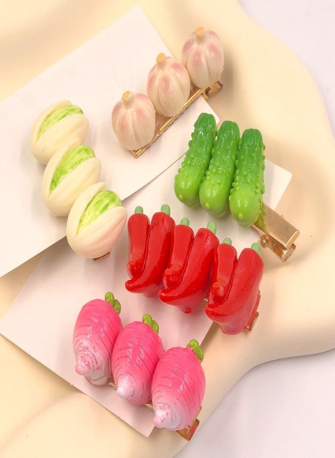 Ynxee 5 Pairs Funny Simulated Vegetable Shape Hair Clips Red Pepper, Garlic, Carrot, Pistachio, Cucumber Women Girls Hair Accessories, 2 inch - Image 2